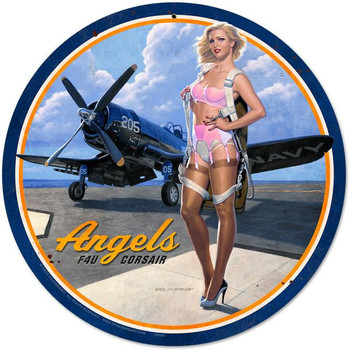 Angel F4U Corsair Round Metal Sign