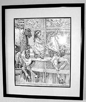 Girl Riding Carousel Horse by Lee Dubin Framed Original Pencil Sketch
