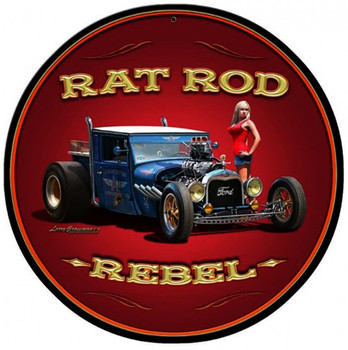 Rat Rod Rebel Pin-Up 14" Round Metal Sign