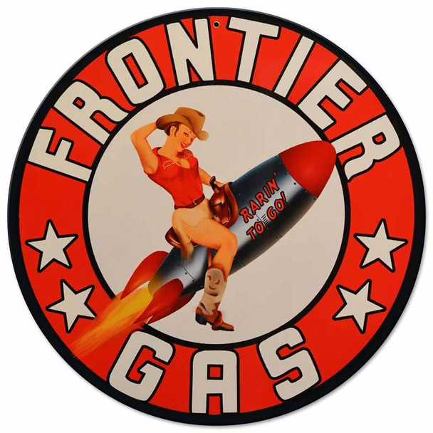 Frontier Rocket Girl Pin Up 14" Round Metal Sign