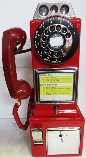 Automatic Electric Three Slot Red Pay Telephone 1950's Operational Red Coil Line