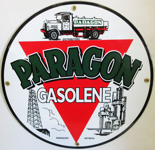 Paragon Gasolene 12" New Round Porcelain Metal Sign