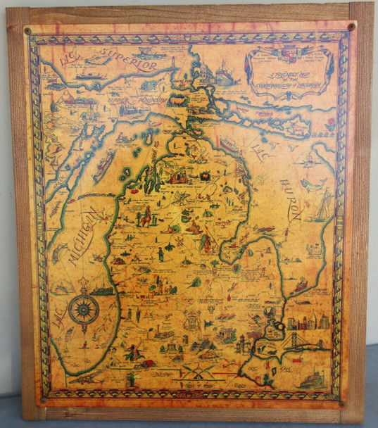 Michigan Vintage Metal Map in Wood Frame 26" by 22"