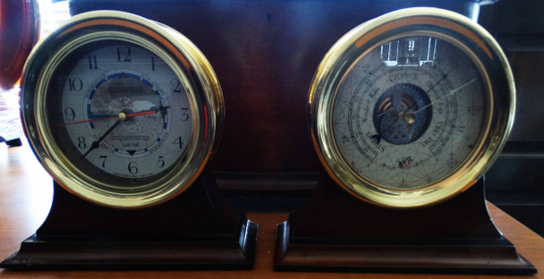 Maritime Brass Ships Clock & Barometer on Wood Stands