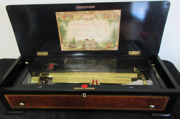 19th Century Swiss Inlaid Walnut Cylinder Zither Music Box 8 Songs