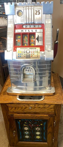 Mills 25c Silver Palace Slot Machine / Oak Stand Original Circa 1950