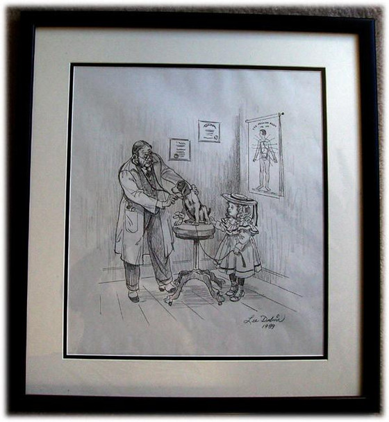 Lee Dubin Framed Original Pencil Sketch "Puppy's Visit Doctor's Office 2"