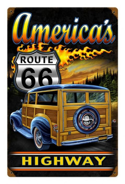 America's Highway Woodie Route 66 Metal Sign