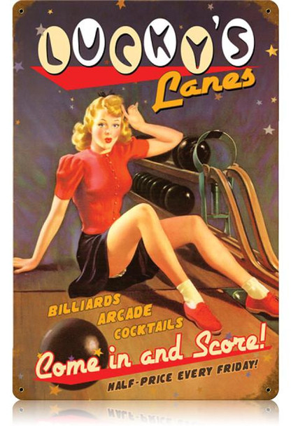 Lucky Lanes Vintage Pin-Up Metal Sign