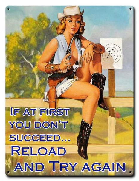 Reload-Try Again Pin-Up Metal Sign