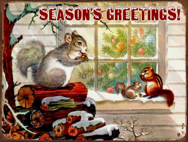 Season's Greetings! Christmas Squirrel Metal Sign