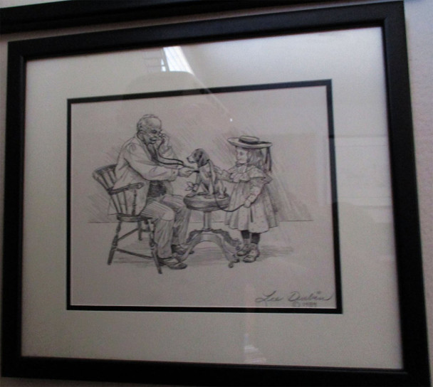 Lee Dubin Framed Original Pencil Sketch "Puppy's Visit Doctor's Office"