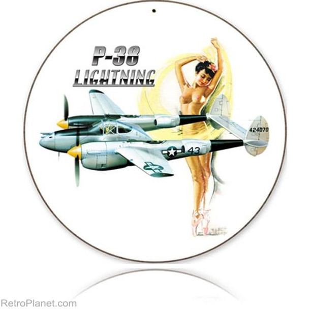 P-38 Lightning Pin-Up 14" Round Metal Sign