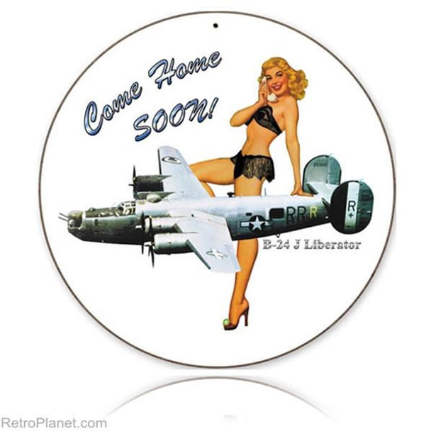 B-24 J Liberator Pin-Up 14" Round Metal Wall Sign