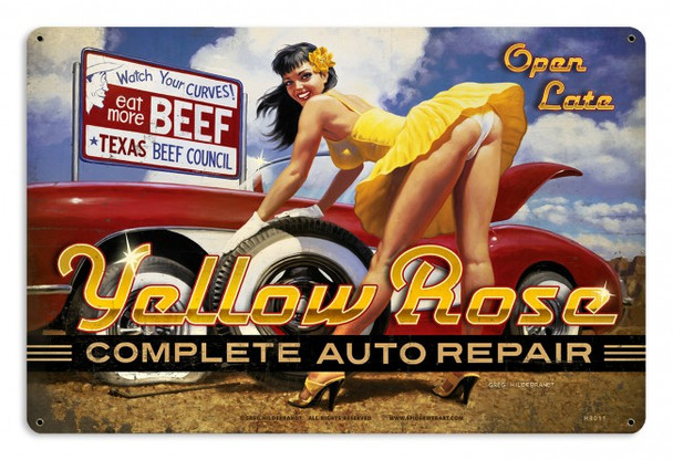 Yellow Rose Auto Repair Pin Up Metal Sign