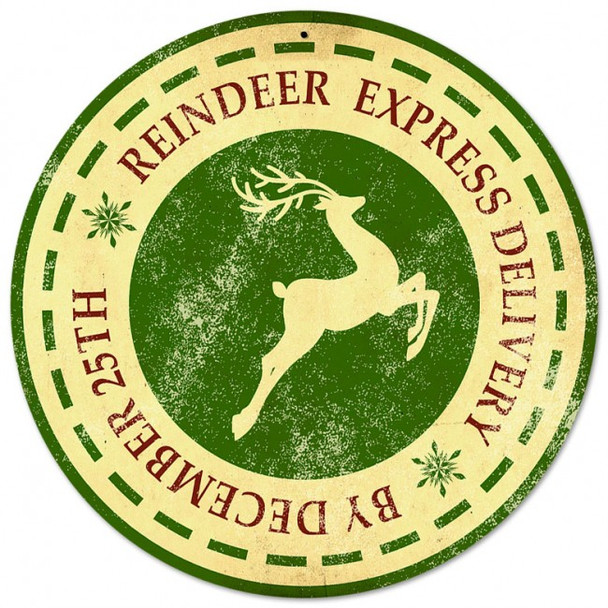 Reindeer Express Delivery 14" Round Metal Sign