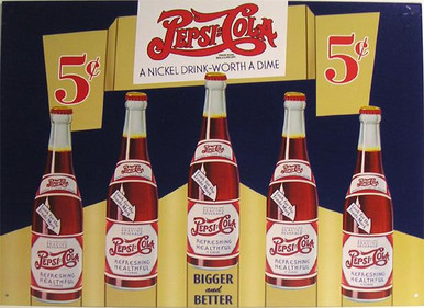 Pepsi:Cola 5c - Five Bottles Metal Sign - American Collectibles