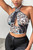 Black Chain Print Underbust Cross Over Halter Neck Top