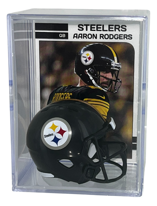 Aaron Rodgers Card with Pittsburgh Steelers Pocket Pro Size Football Helmet Shadow Box