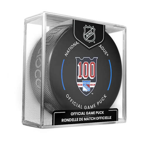 New York Rangers 100th Anniversary 2025-26 NHL Official Game Hockey Puck In Cube