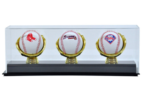 DELUXE ACRYLIC (THREE) TRIPLE BASEBALL with GOLD GLOVES DISPLAY CASE (AD28)
