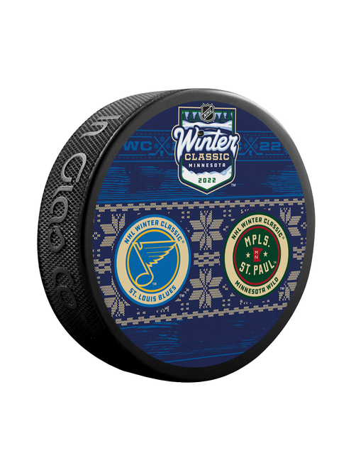 2022 Winter Classic NHL Dueling Inglasco Souvenir Puck - St. Louis Blues vs. Minnesota Wild