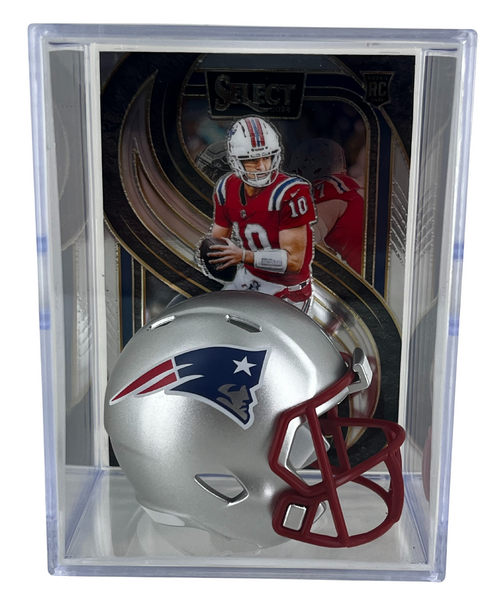 Drake Maye Card with New England Patriots Pocket Pro Size Football Helmet  Shadow Box