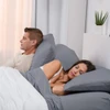 Bedgear® Dri-Tec™ Performance Moisture Wicking Sheet Set, On Adjustable Bed, Grey Color, Couple In bed, upper flex, split head, split top bed sheets