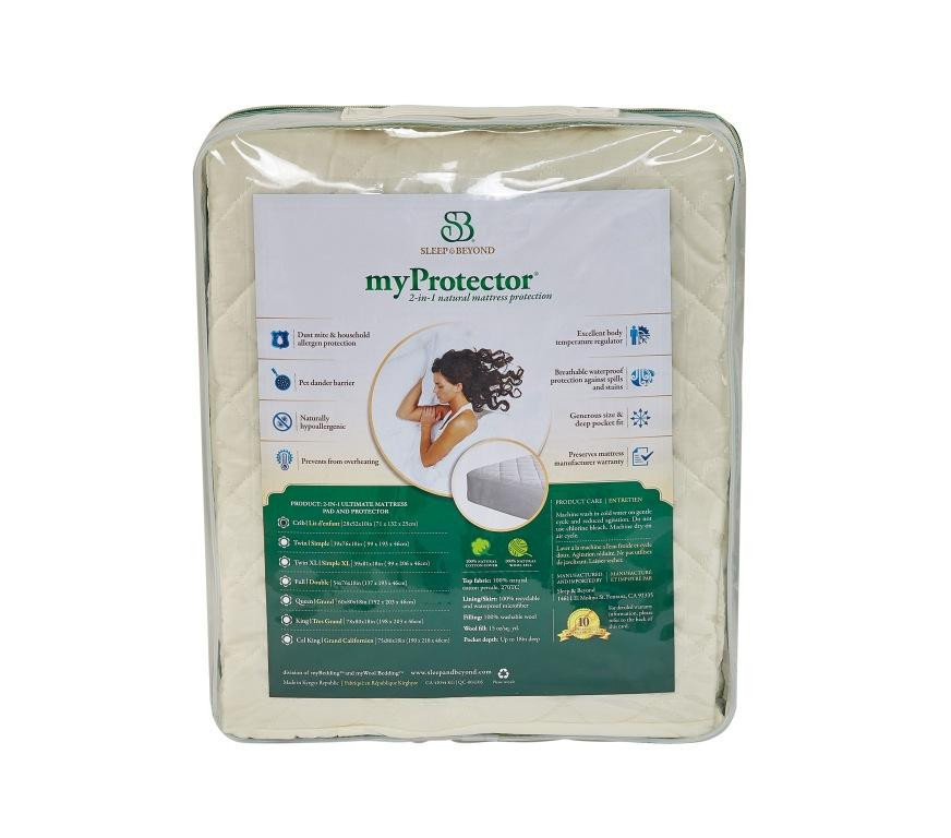 Sleep & Beyond myProtector™, 2-in-1 ultimate, washable, natural mattress protector distant package