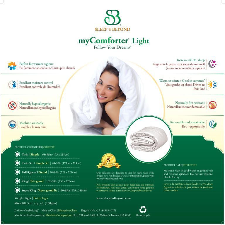Sleep & Beyond myComforter Light 100% Washable Wool Comforter Package Detail
