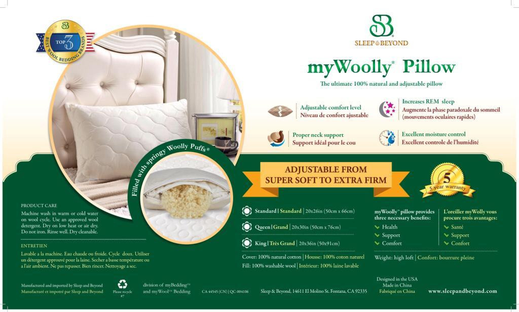 Sleep & Beyond myWool Pillow™ 100% Washable Wool Pillow Product Sheet