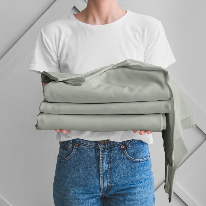 DreamFit® DreamCool™ 100% Egyptian Cotton Bed Sheets Sage Color Folded Stacked