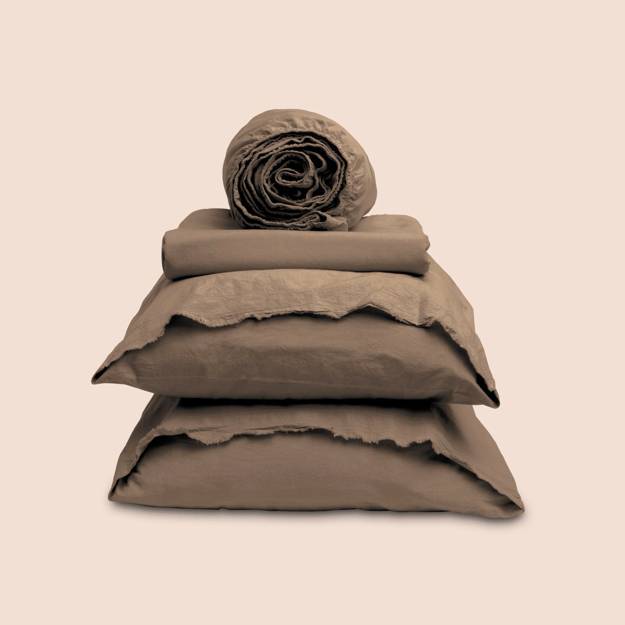 Dr. Weil Garment Washed Percale Bed Sheet Set by PureCare - Desert Sand Color Stacked