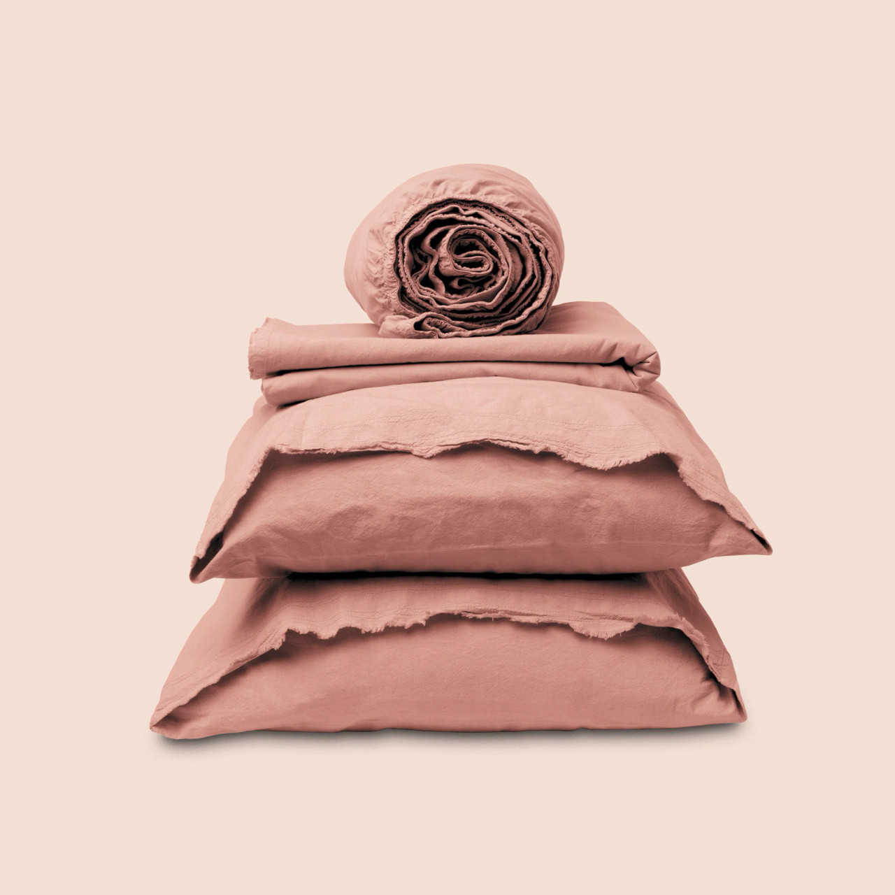 Dr. Weil Garment Washed Percale Bed Sheet Set by PureCare - Pink Sandstone Color Stacked