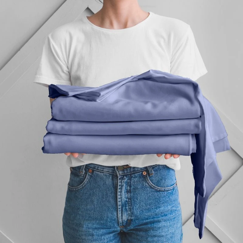 DreamFit® DreamHealth™ 100% GOTS Certified Organic Cotton Percale Sheet Set - Blue Color Folded Stacked