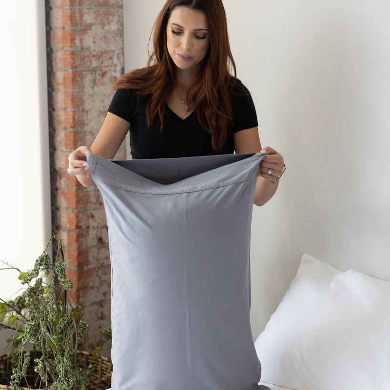 DreamFit® DreamHealth™ 100% GOTS Certified Organic Cotton Percale Split Head, Split Top Sheet Set - Gray Color Pillowcase