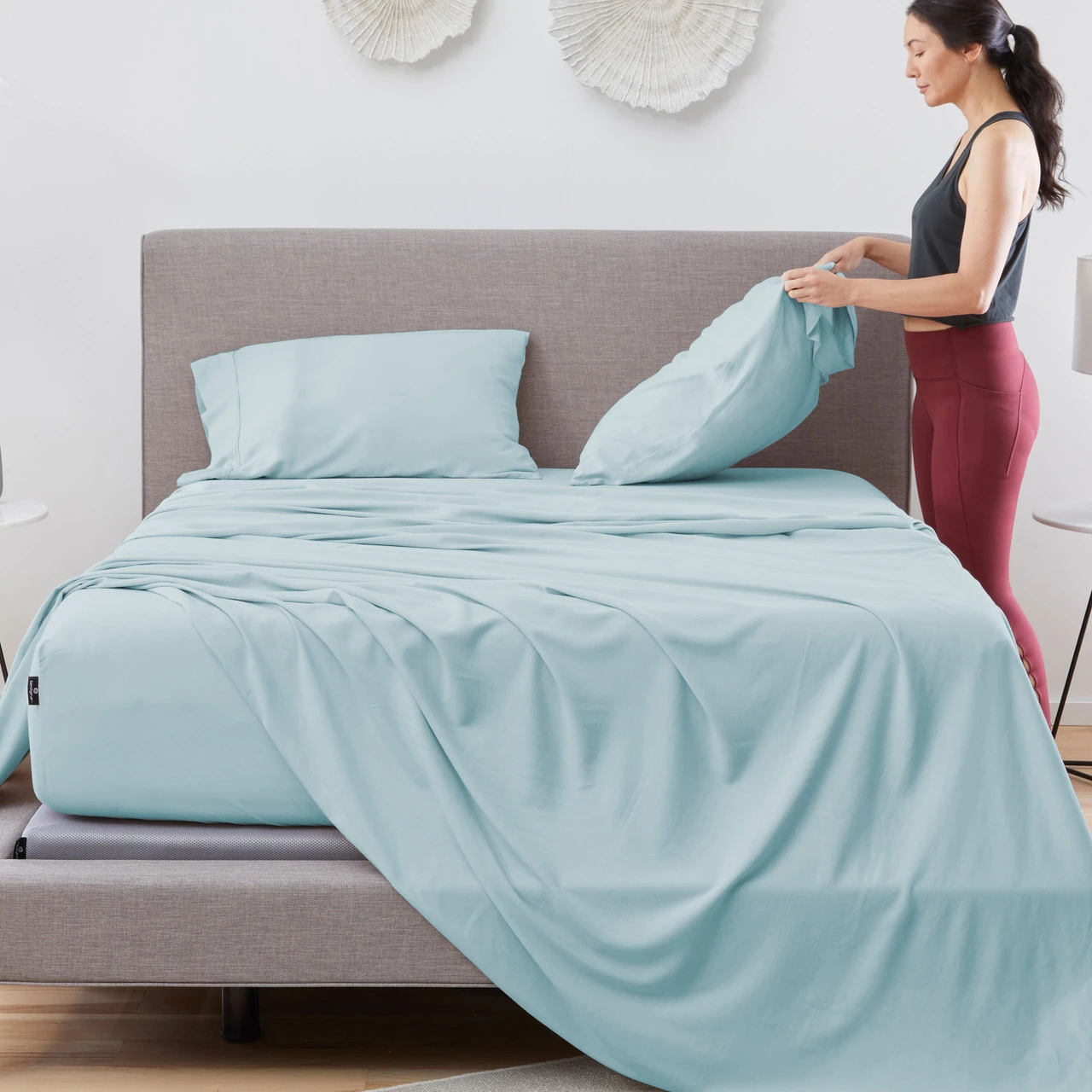 Bedgear®  Hyper-Linen™ Heat Deflecting Bamboo  Linen Sheet Set, Made Bed, Misty Blue Color