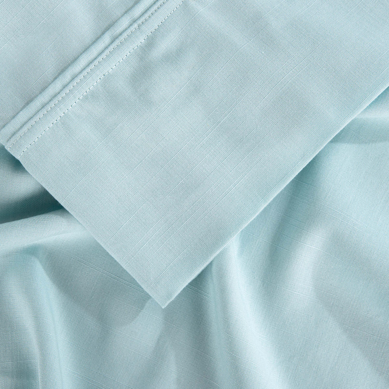 Bedgear®  Hyper-Linen™ Heat Deflecting Bamboo  Linen Sheet Set, Flat Sheet, Hem Detail, Misty Blue Color