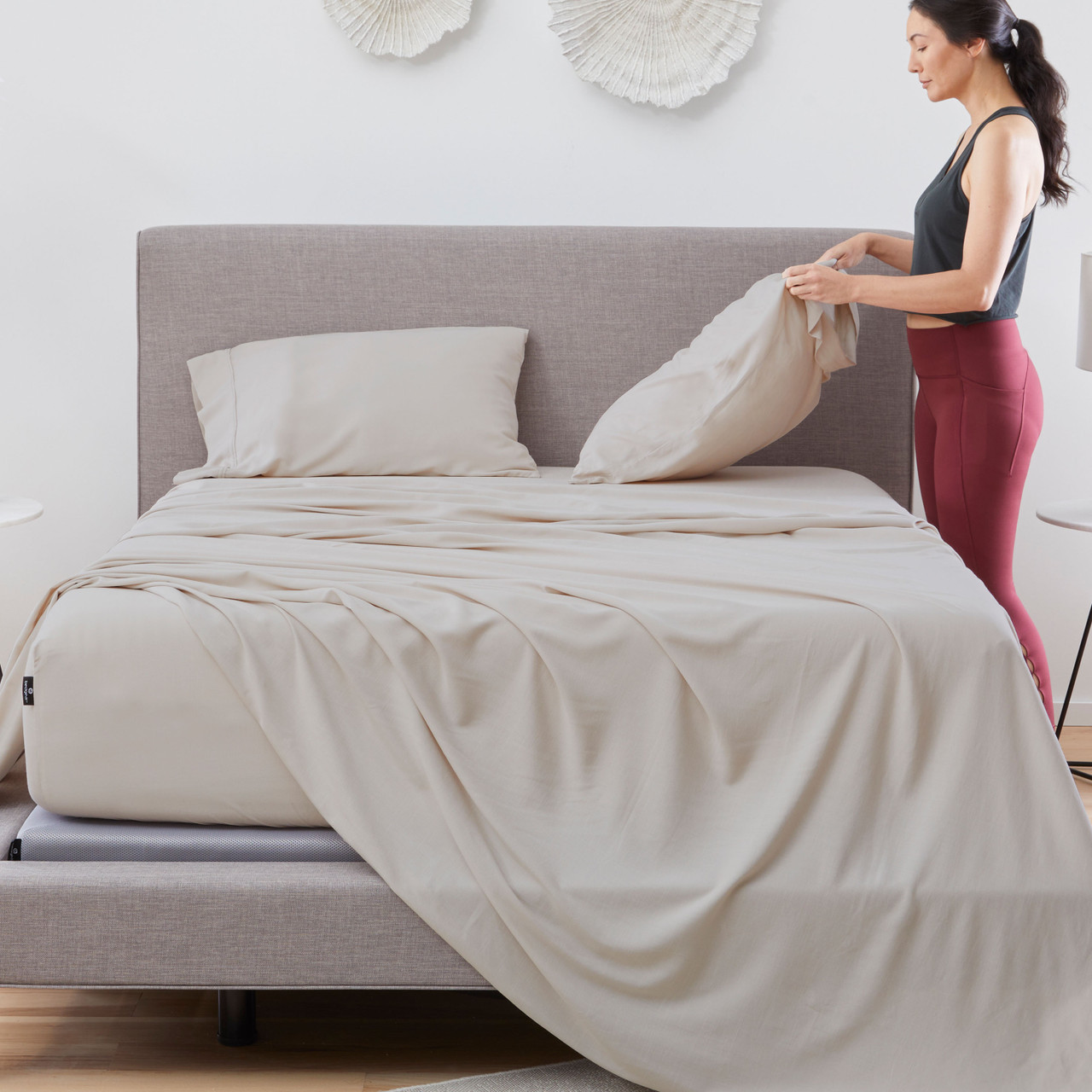 Bedgear®  Hyper-Linen™ Heat Deflecting Bamboo  Linen Sheet Set, Made Bed, Medium Beige Color