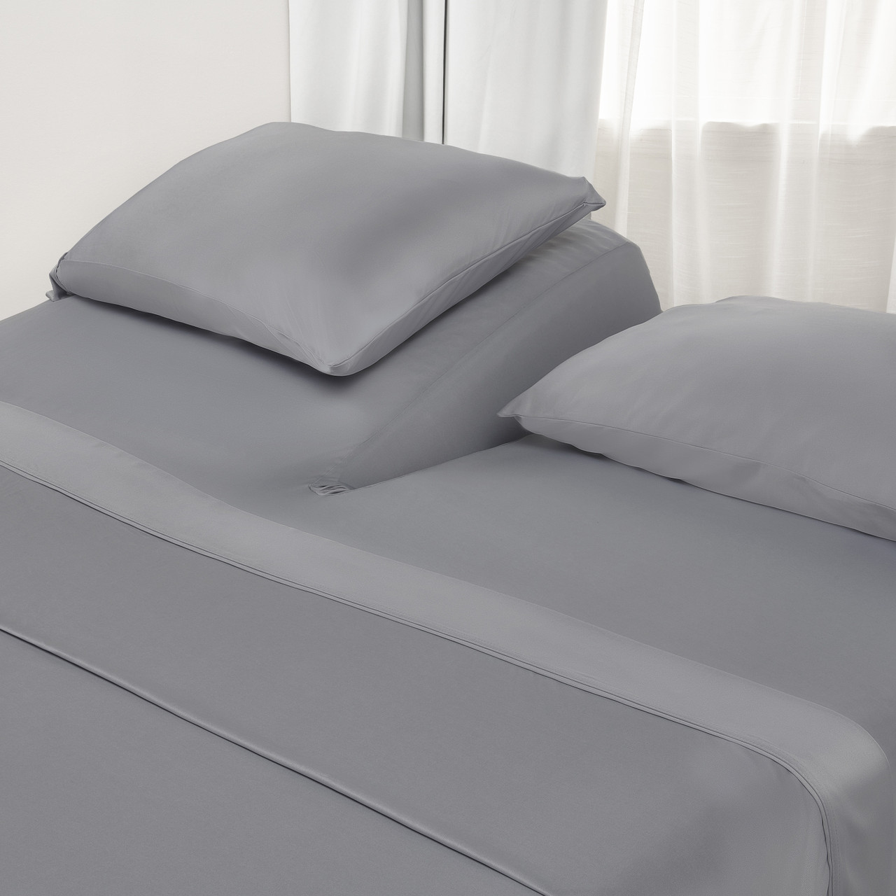 Bedgear® Dri-Tec™ Performance Moisture Wicking Sheet Set, On Adjustable Bed, Grey Color, upper flex, split head, split top bed sheets