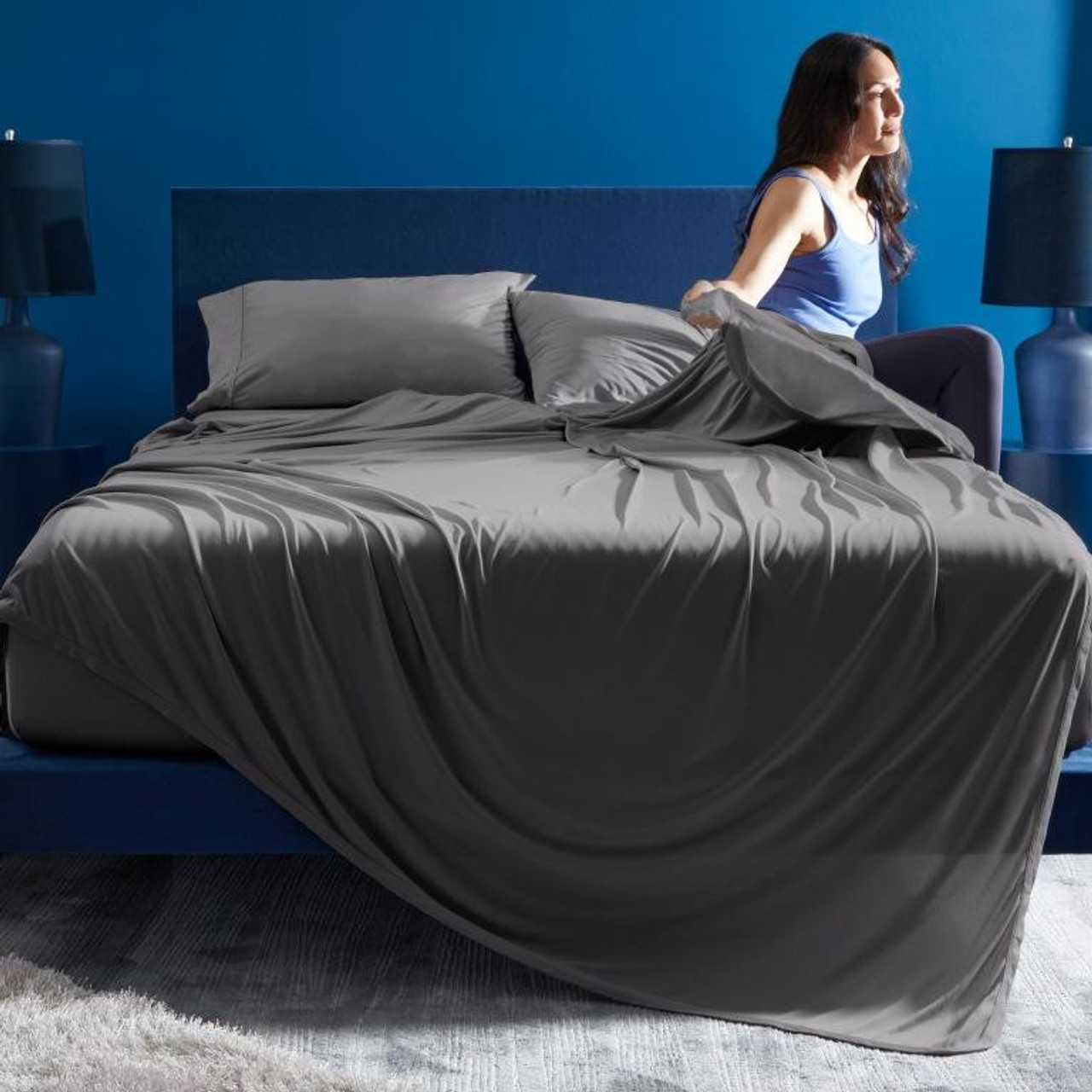 Bedgear® Dri-Tec™ Performance Moisture Wicking Sheet Set On Mattress, Grey Color, upper flex, split head, split top bed sheets