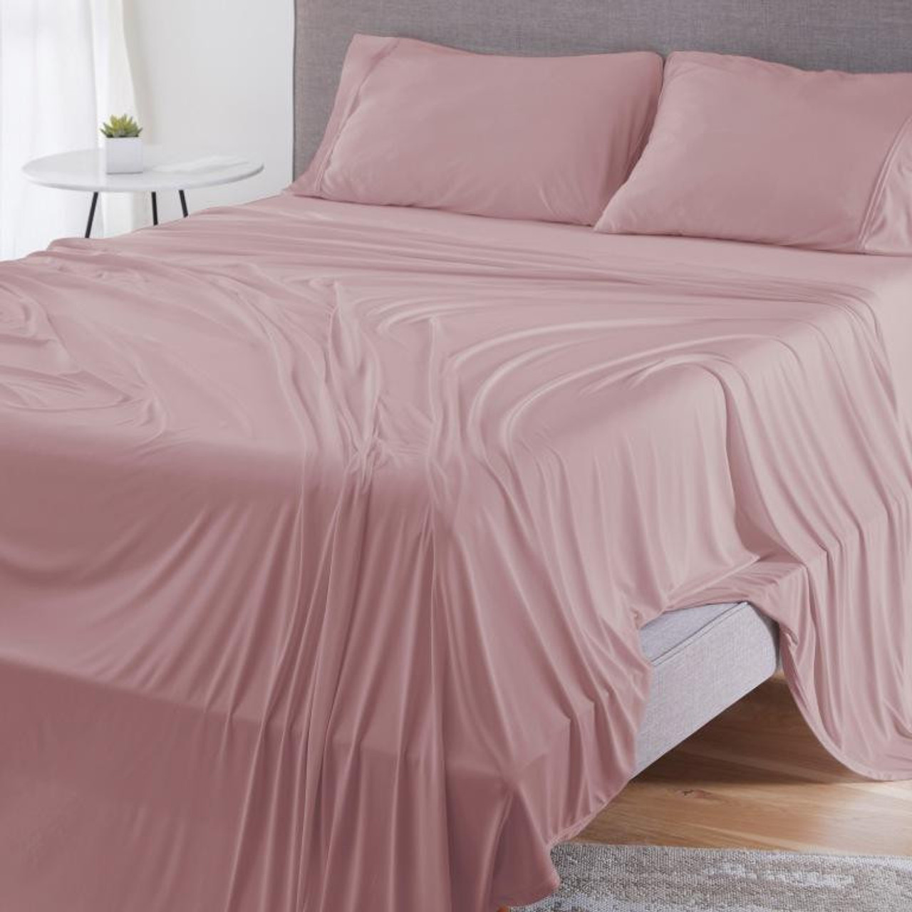 Bedgear® Dri-Tec™ Performance Moisture Wicking Sheet Set On Mattress, Blush Color, upper flex, split head, split top bed sheets