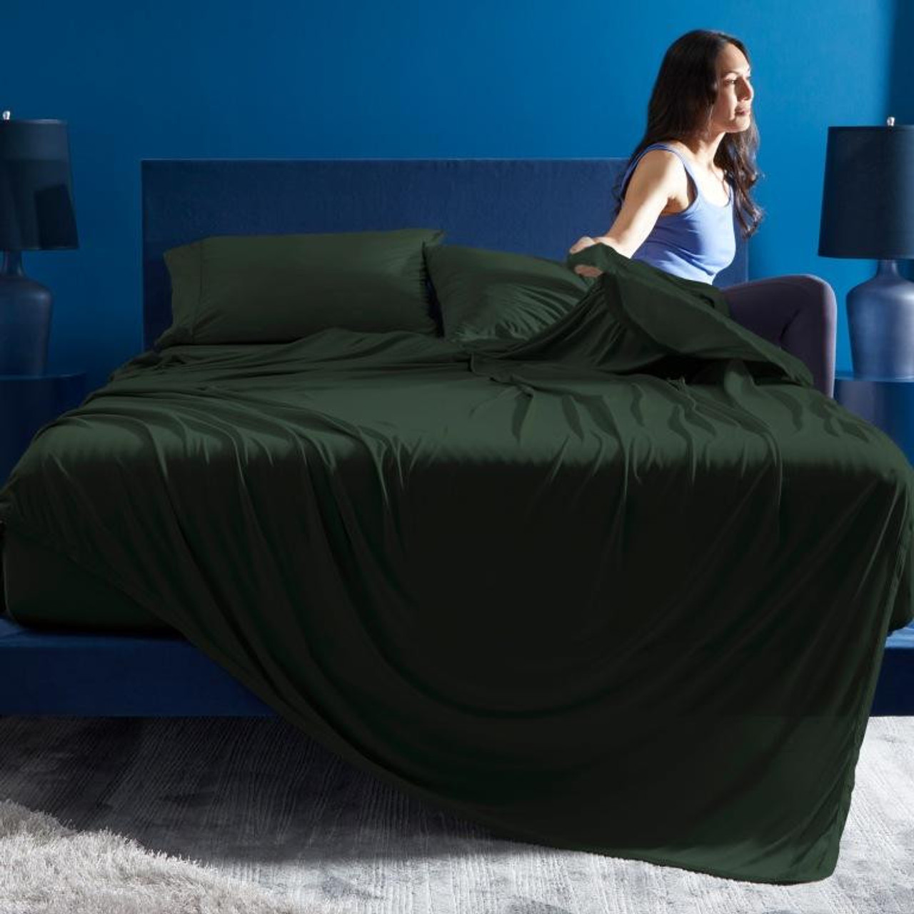 Bedgear® Dri-Tec™ Performance Moisture Wicking Sheet Set On Mattress, Forest Green Color, upper flex, split head, split top bed sheets