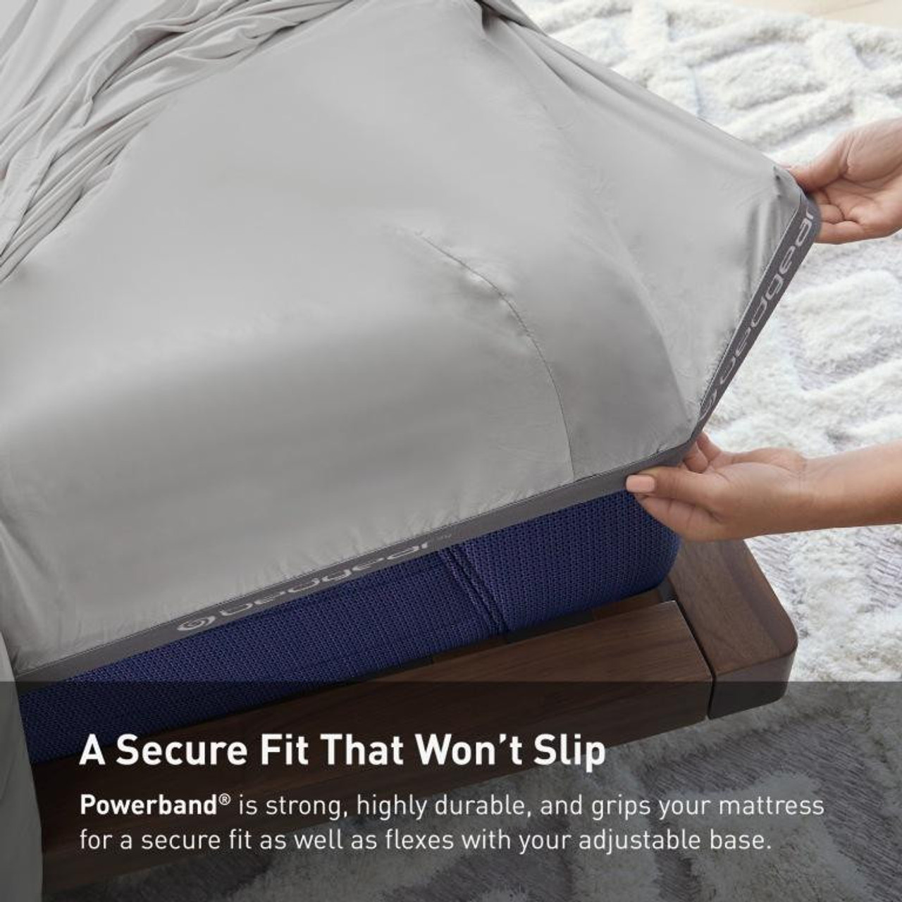 Bedgear® Dri-Tec™ Performance Moisture Wicking Sheets, Powerband Corner Fitted Sheet, Light Grey Color, upper flex, split head, split top bed sheets