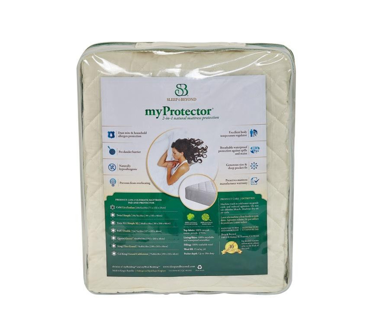 Sleep & Beyond myProtector™, 2-in-1 ultimate, washable, natural mattress protector distant package