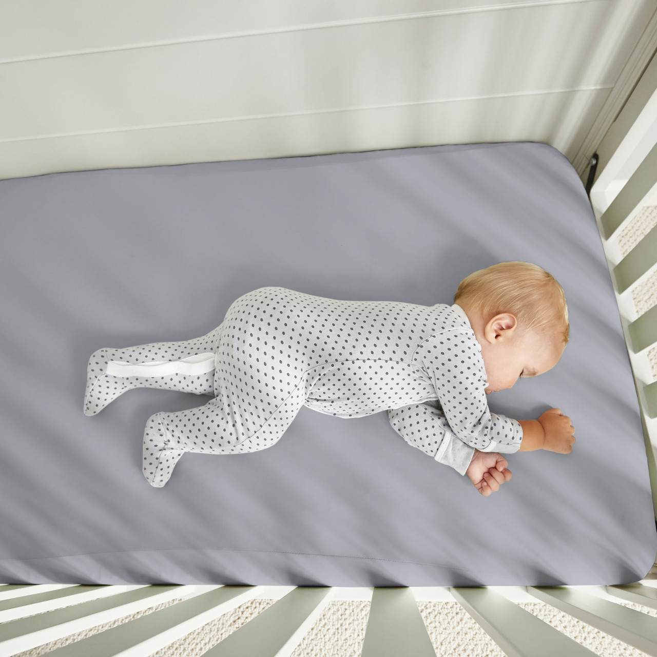 Crib Size - Bedgear Hyper-Linen Bamboo Blend Fitted Sheet Pair, Baby Asleep, Baby Grey Color