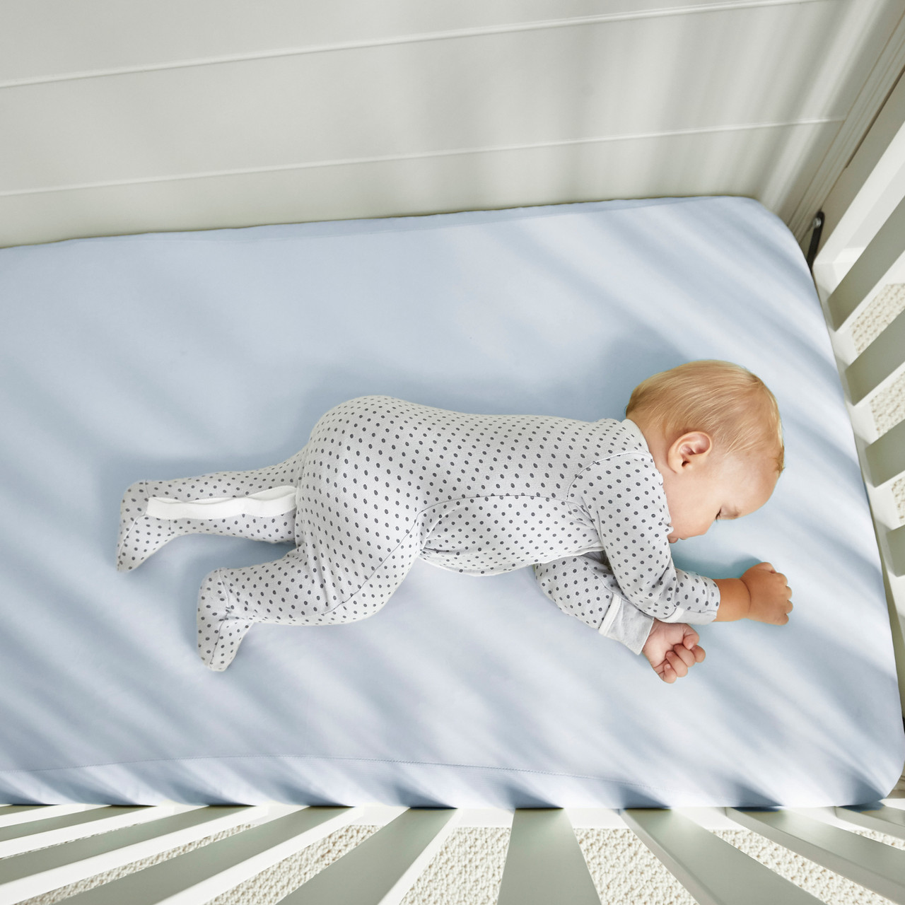 Crib Size - Bedgear Hyper-Linen Bamboo Blend Fitted Sheet Pair, Baby Asleep, Baby Blue Color
