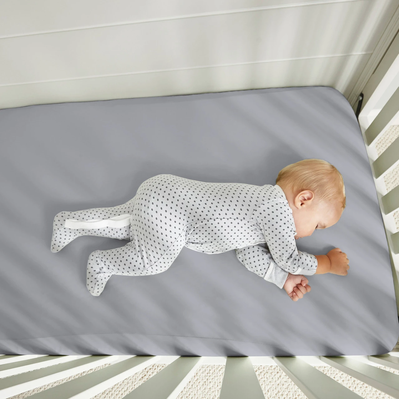 Crib Size - Bedgear Hyper-Linen Bamboo Blend Fitted Sheet Pair, Baby Asleep, Baby Grey Color