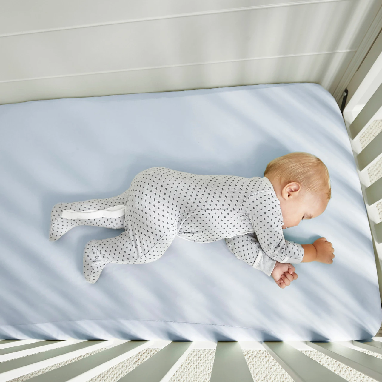 Crib Size - Bedgear Hyper-Linen Bamboo Blend Fitted Sheet Pair, Baby Asleep, Baby Blue Color