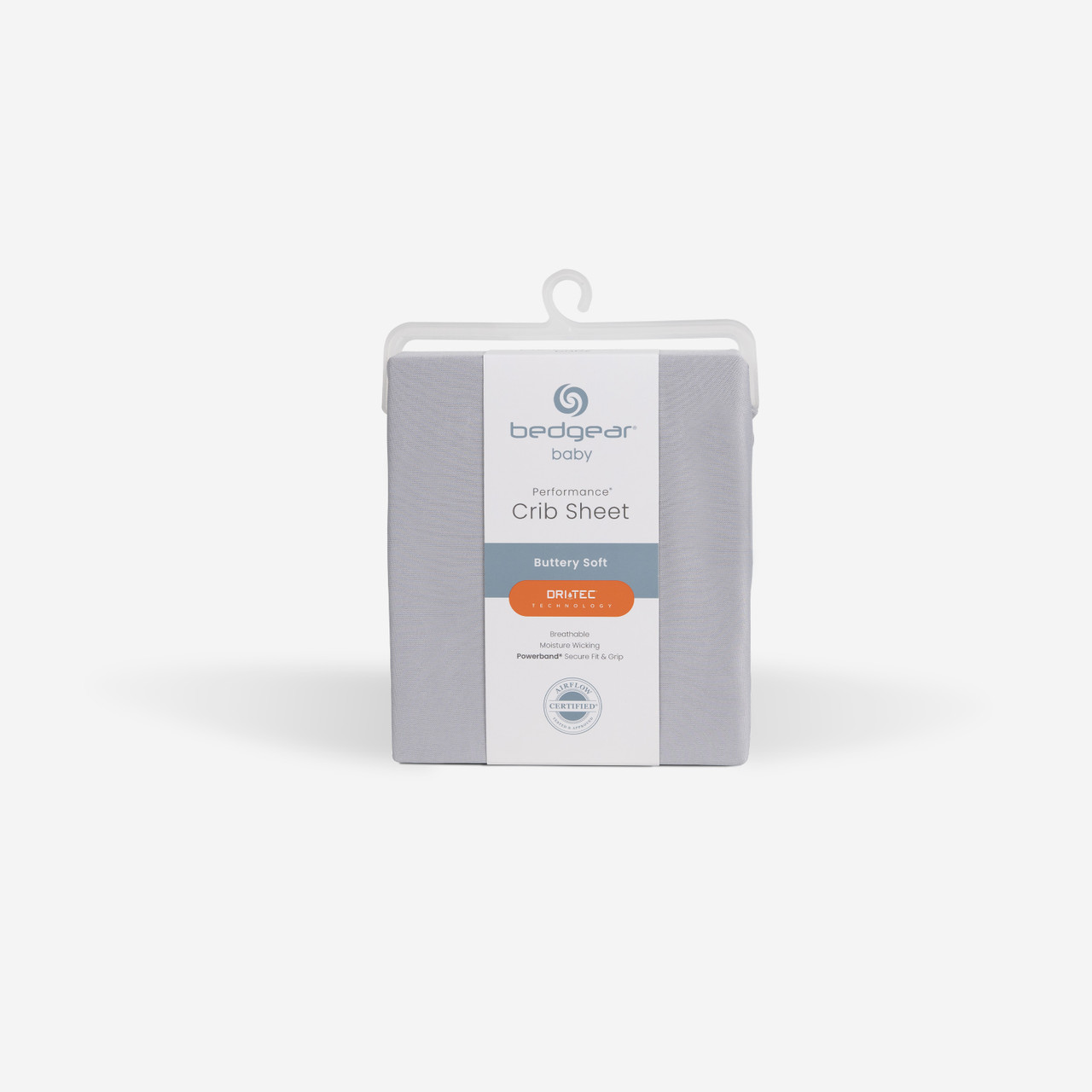 Crib Fitted Sheet Pair - Bedgear Dri-Tec - Moisture Wicking Fitted Sheets by Dri-Tec Technology, Outer Packaging, Light Gray Color